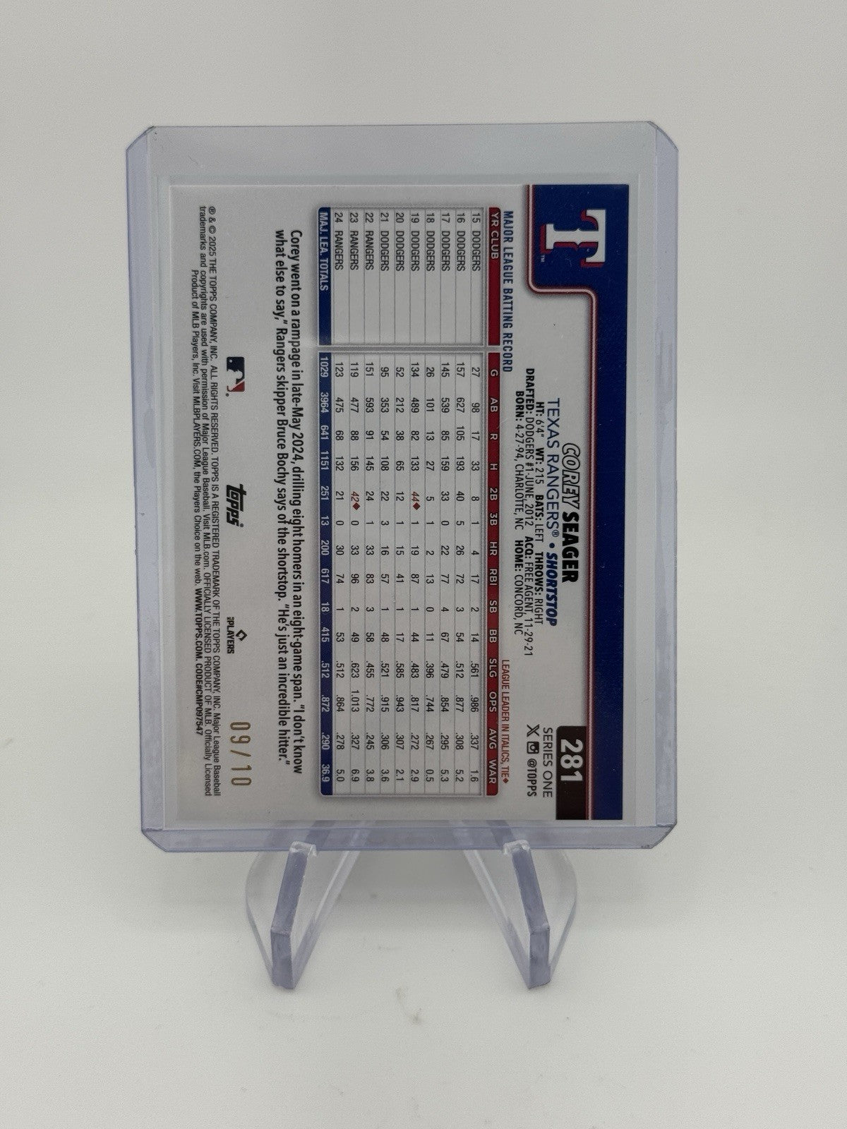 Corey Seager 2025 Topps Series 1 Black Holo Foil /10 Rangers SP