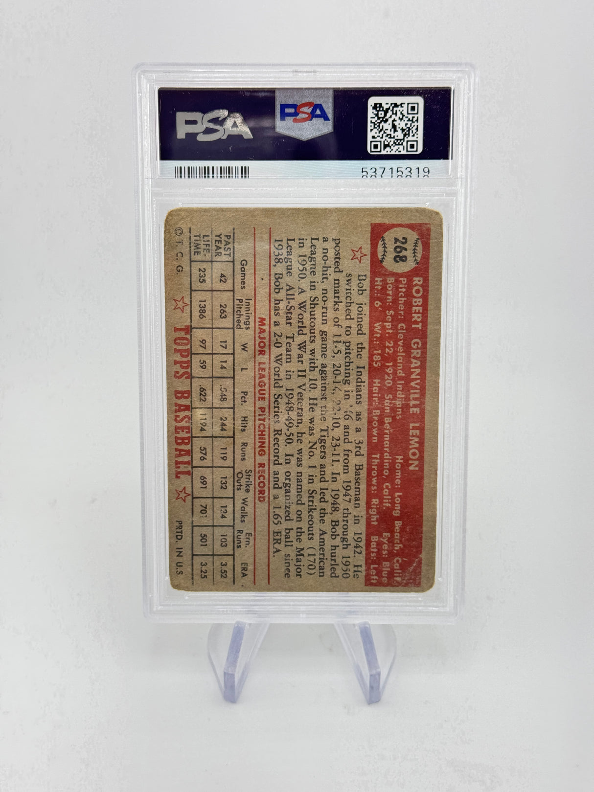 Bob Lemon 1952 Topps #268 PSA 1 Cleveland Indians HOF