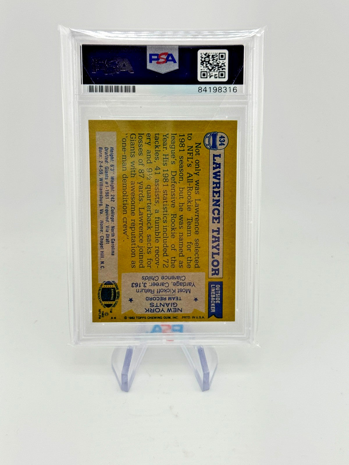 Lawrence Taylor Signed 1982 Topps Rookie Card 434 w/ "HOF 99" PSA GEM MT 10 AUTO