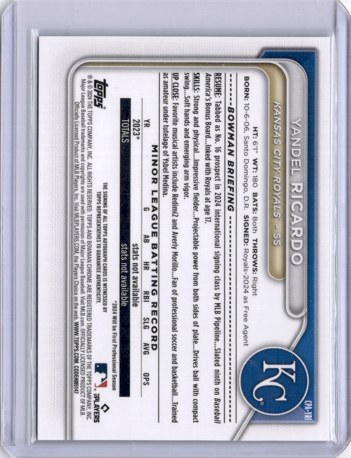 Yandel Ricardo 2024 Bowman Chrome 1st Auto Royals