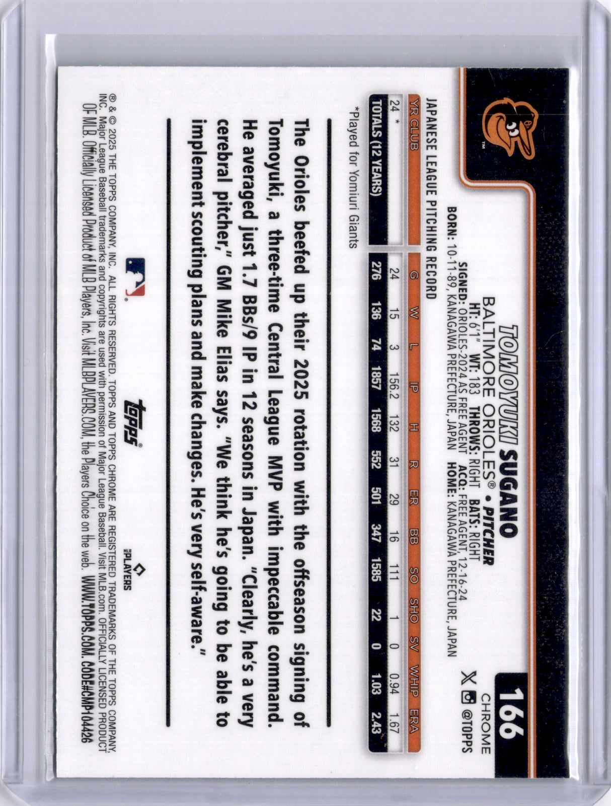 Tomoyuki Sugano 2025 Topps Chrome Aqua Raywave Rookie RC /199 Orioles