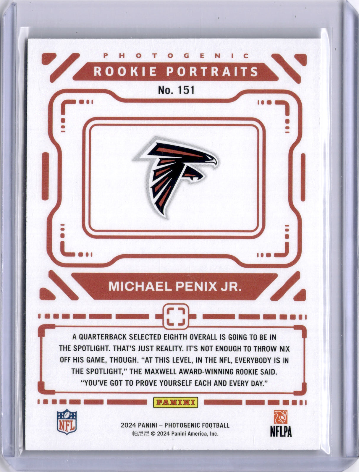 Michael Penix Jr. 2024 Panini Photogenic Rookie Portraits Blue /99 RC Falcons