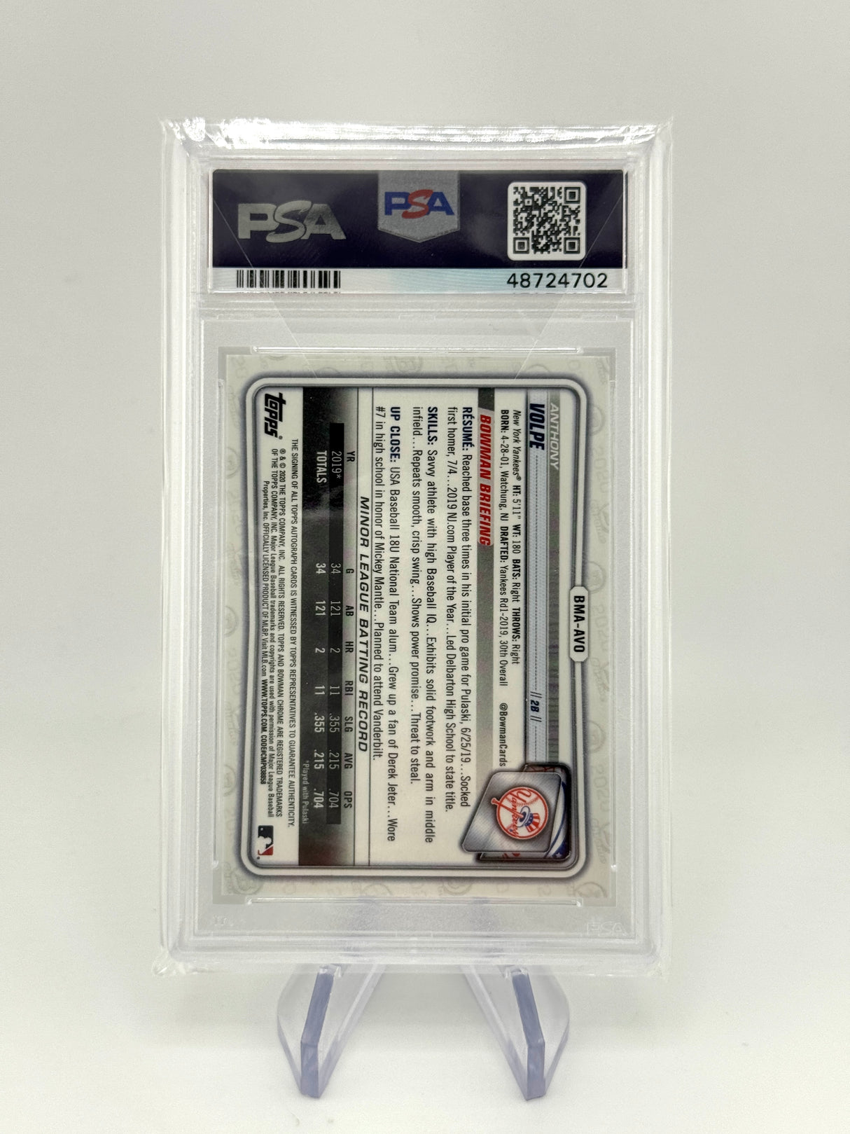 Anthony Volpe 2020 Bowman Chrome Mega Box Auto PSA 9 Mint Yankees