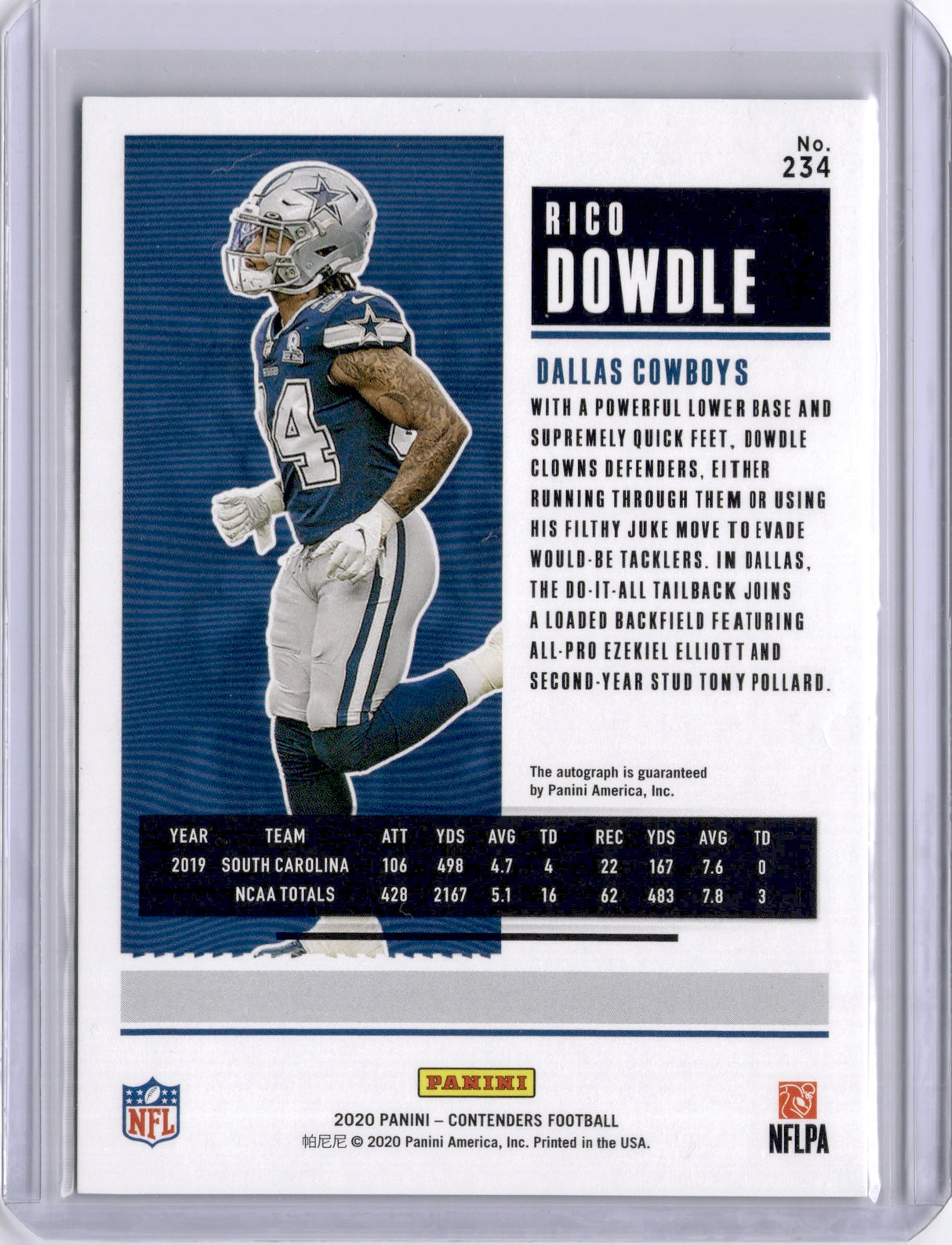 Rico Dowdle 2020 Panini Contenders Cracked Ice Rookie RC Auto /22 Cowboys