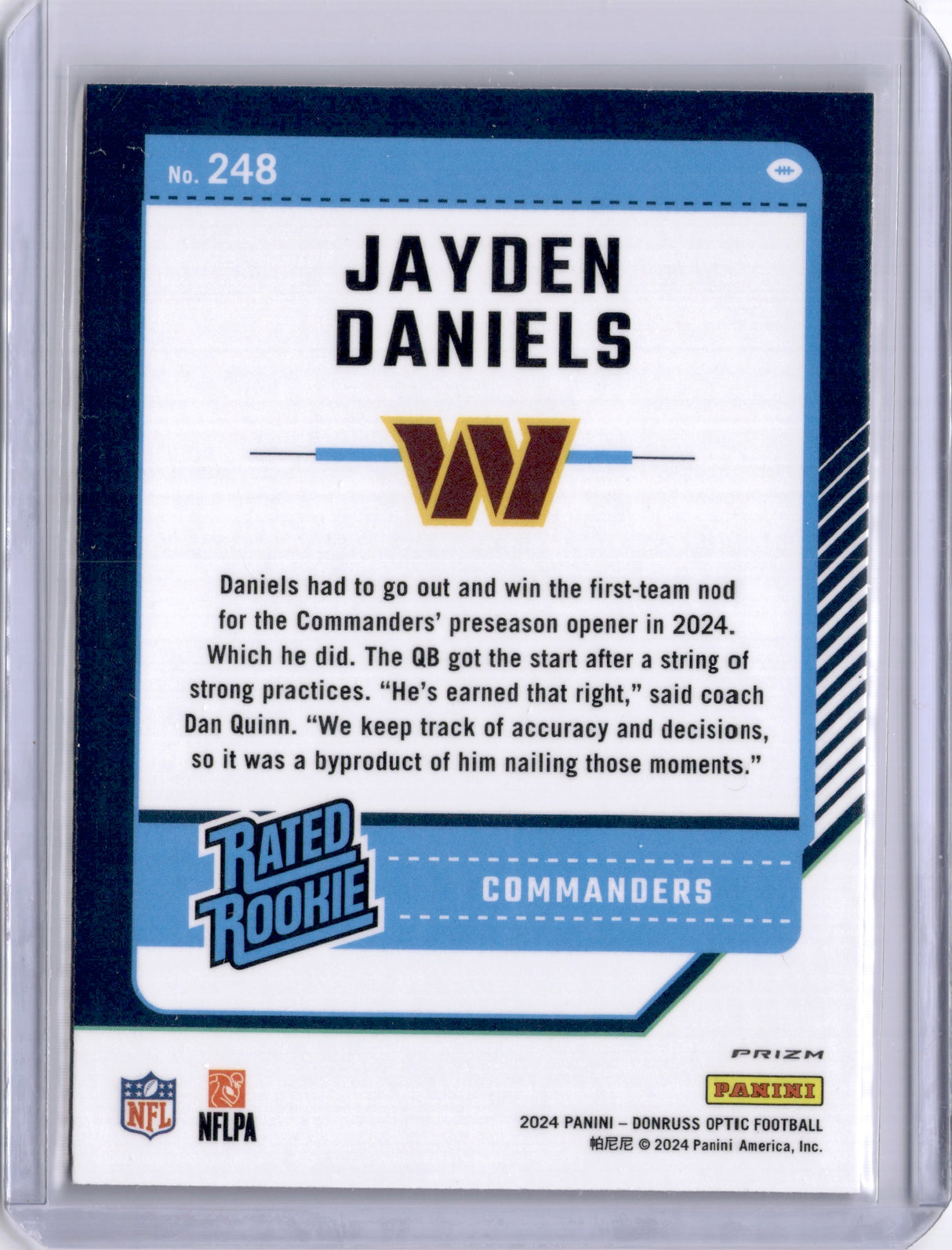 Jayden Daniels 2024 Panini Donruss Optic Preview Rookie RC Commanders
