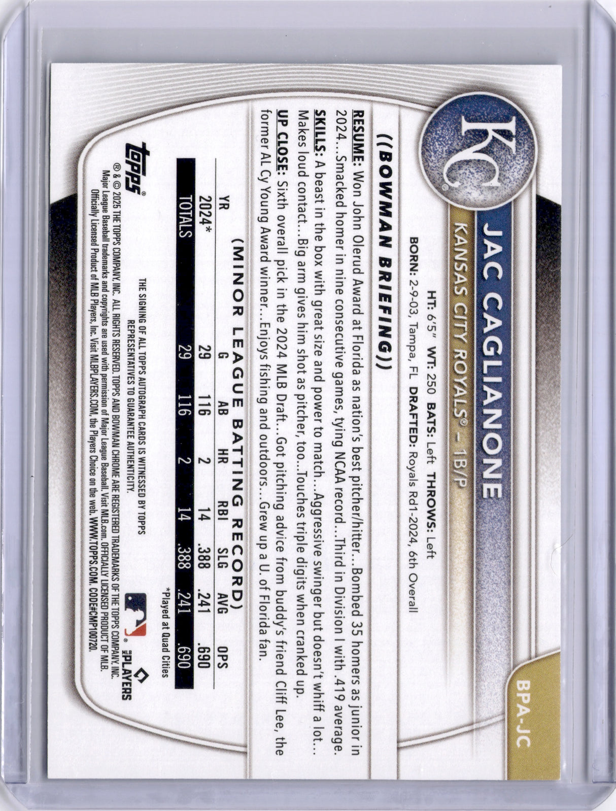 Jac Caglianone 2025 Bowman Paper Blue Auto /150 Prospect Royals