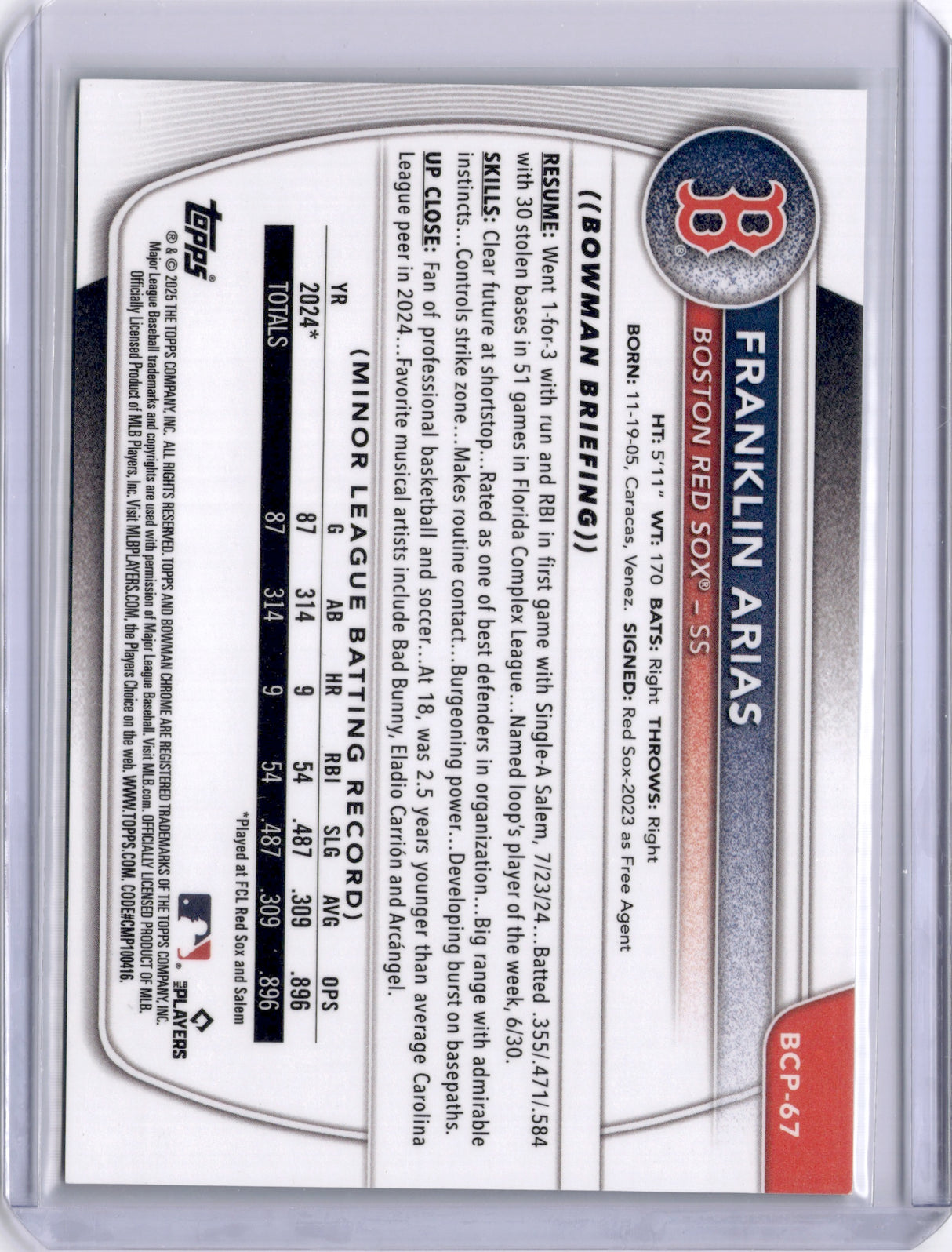 Franklin Arias 2025 Bowman Chrome 1st Green Shimmer /99 Boston Red Sox