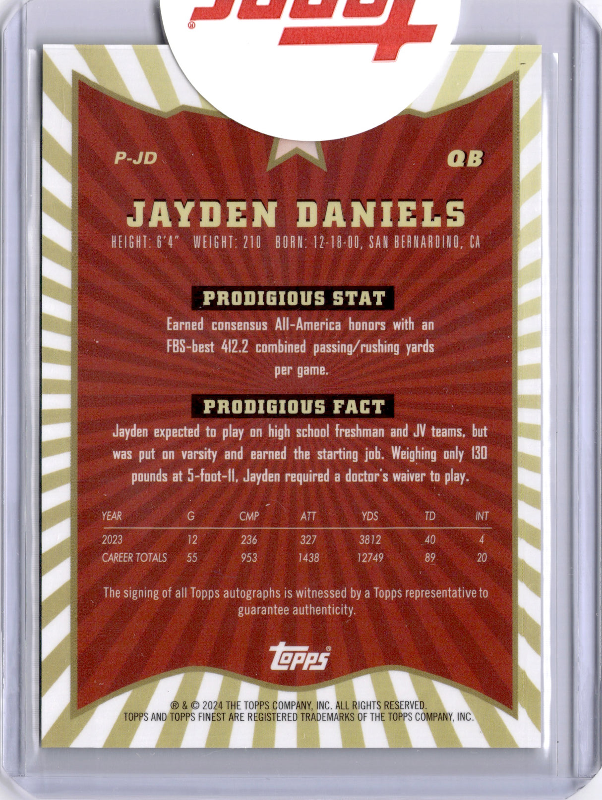 Jayden Daniels 2024 Topps Prodigies Gold On Card Auto /50 Rookie RC Commanders