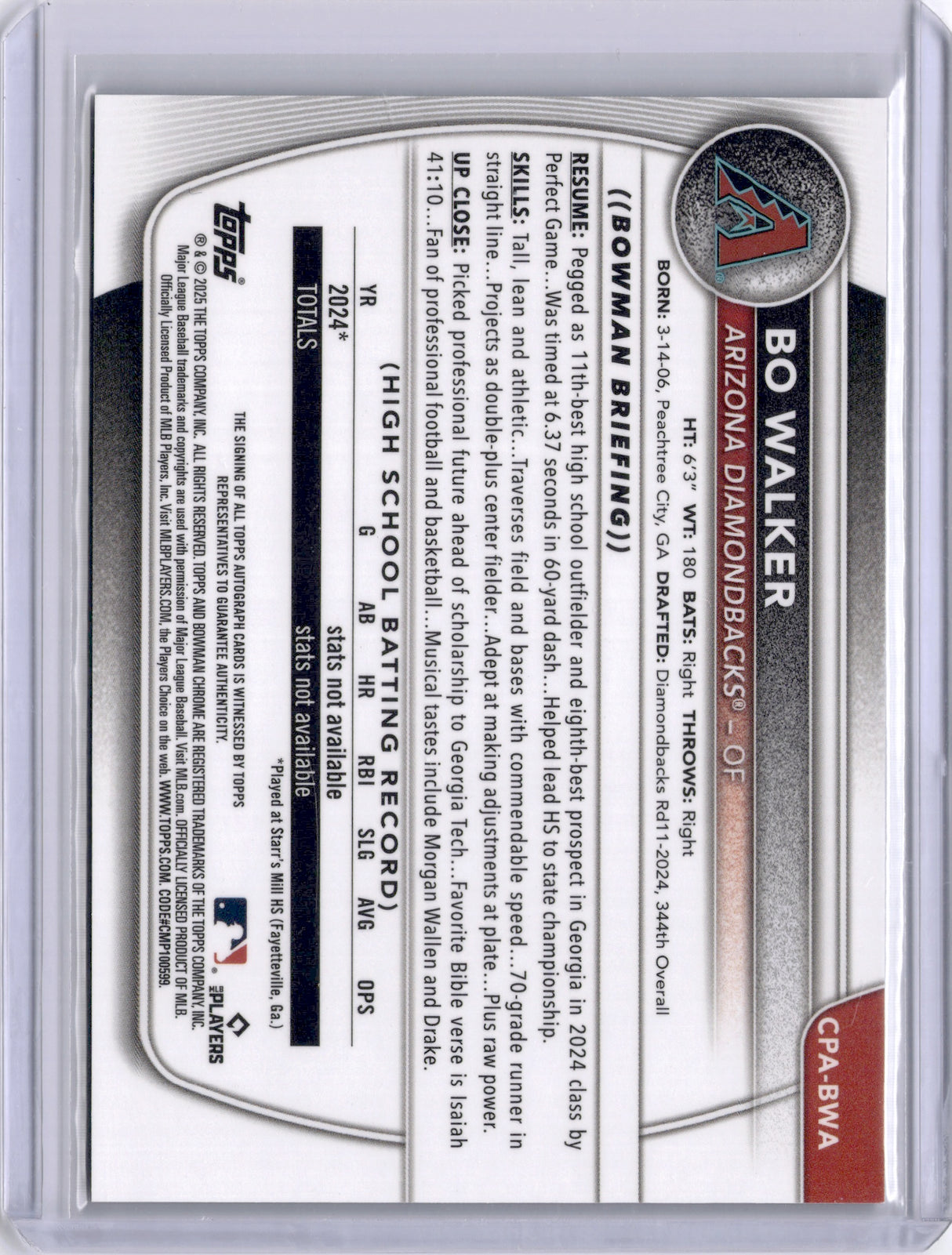 Bo Walker 2025 Bowman Chrome 1st Green Grass /99 On Card Auto Diamondbacks