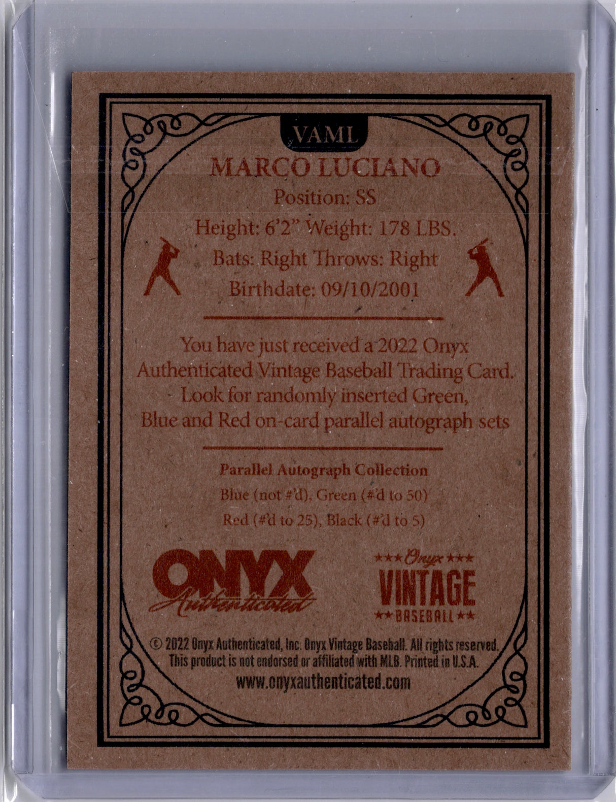 Marco Luciano 2022 Onyx Vintage On Card Auto Blue #VAML Giants