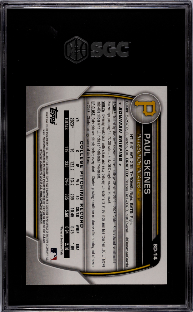 Paul Skenes 2023 Bowman Draft SGC 10 Gem Mint Pirates