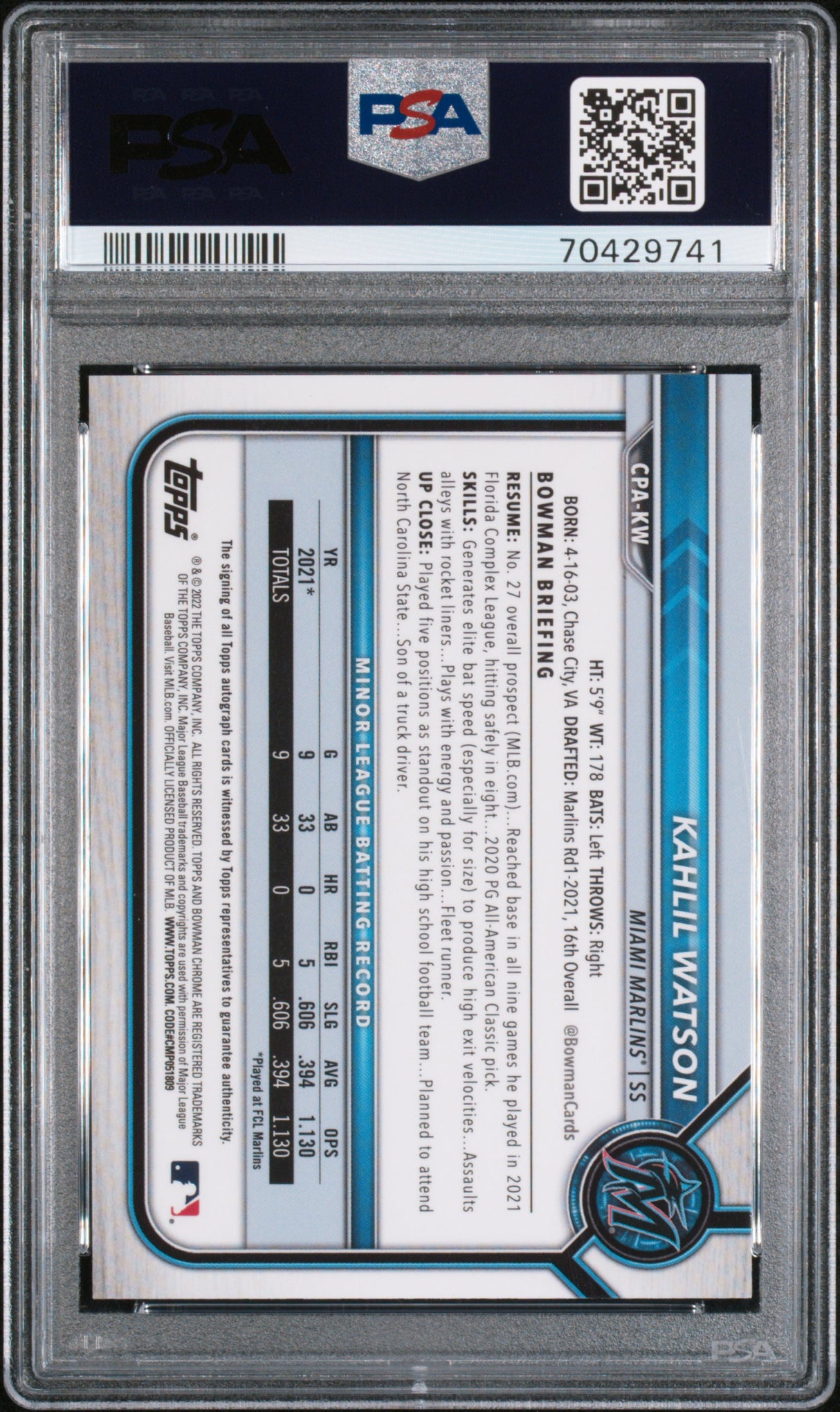 Kahlil Watson 2022 Bowman Chrome Autographs PSA 10 Auto Speckle Refractor