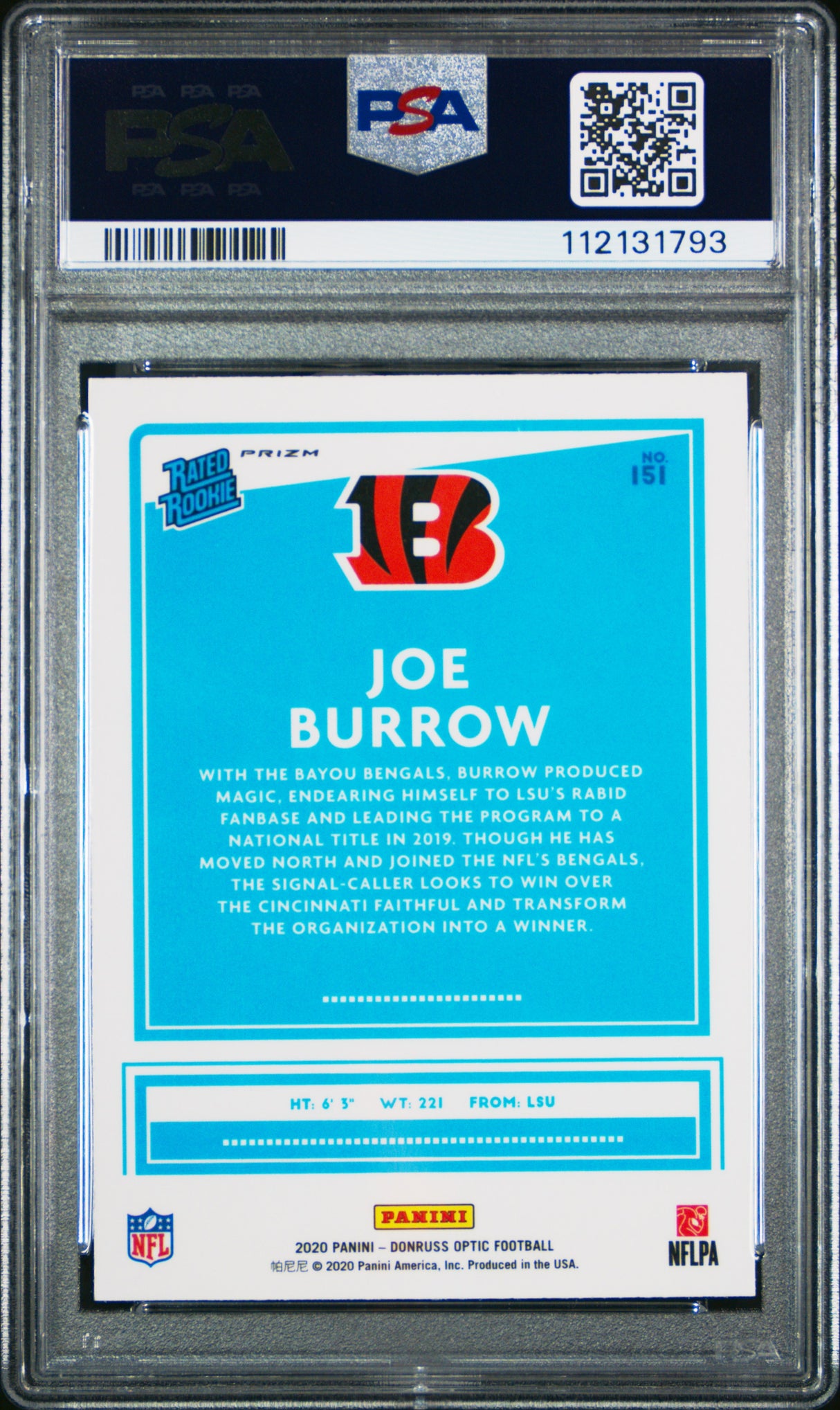 Joe Burrow 2020 Panini Donruss Optic Purple Shock Rookie RC PSA 9 Mint Bengles