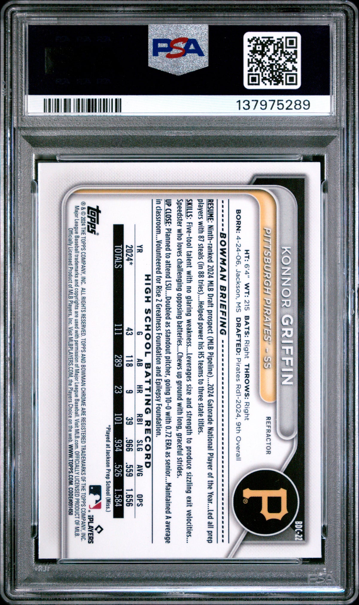Konnor Griffin 2024 Bowman Draft Chrome 1st Refractor PSA 10 Gem Mint
