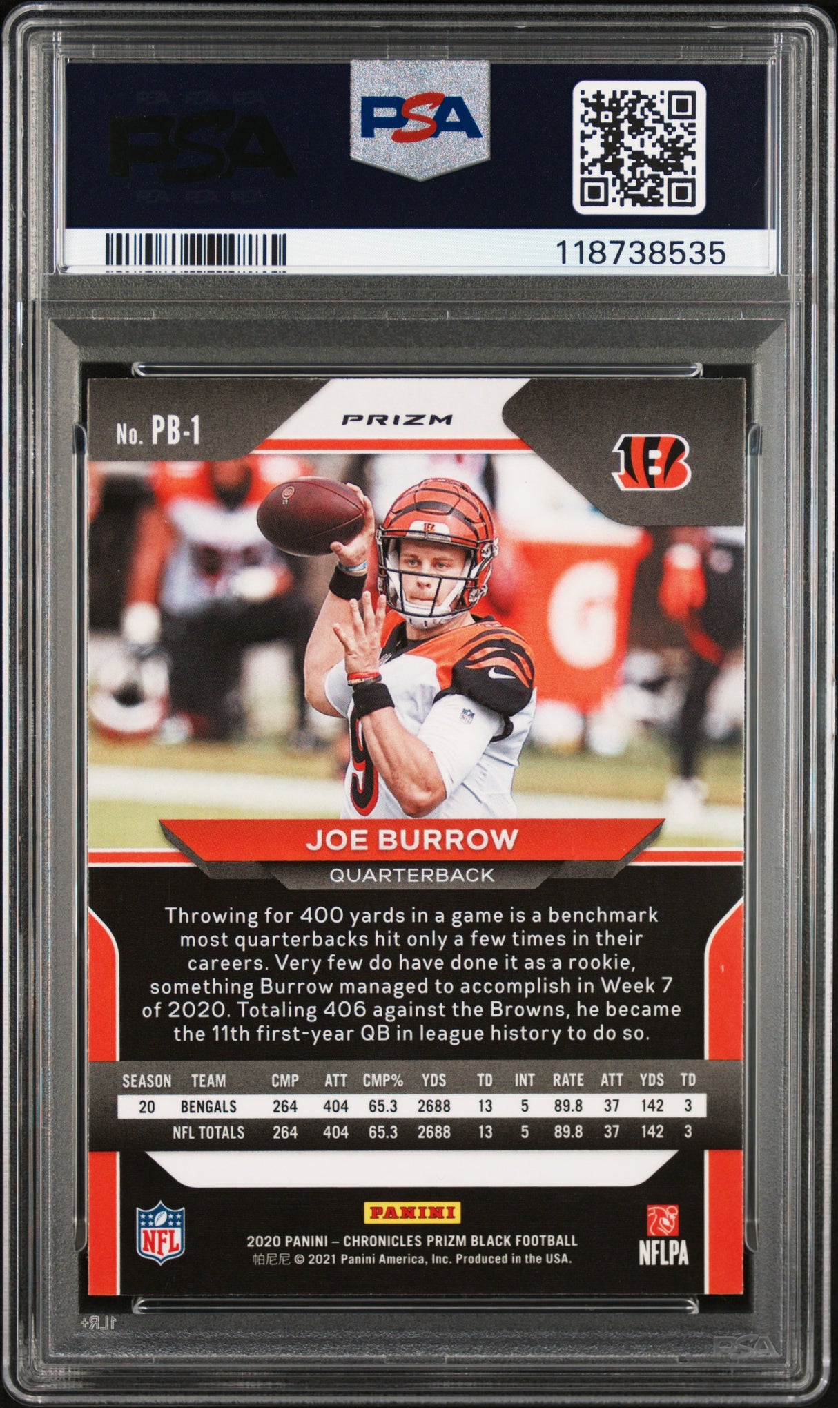 Joe Burrow 2020 Panini Chronicles Prizm Black Sliver Rookie RC PSA 8 Bengals