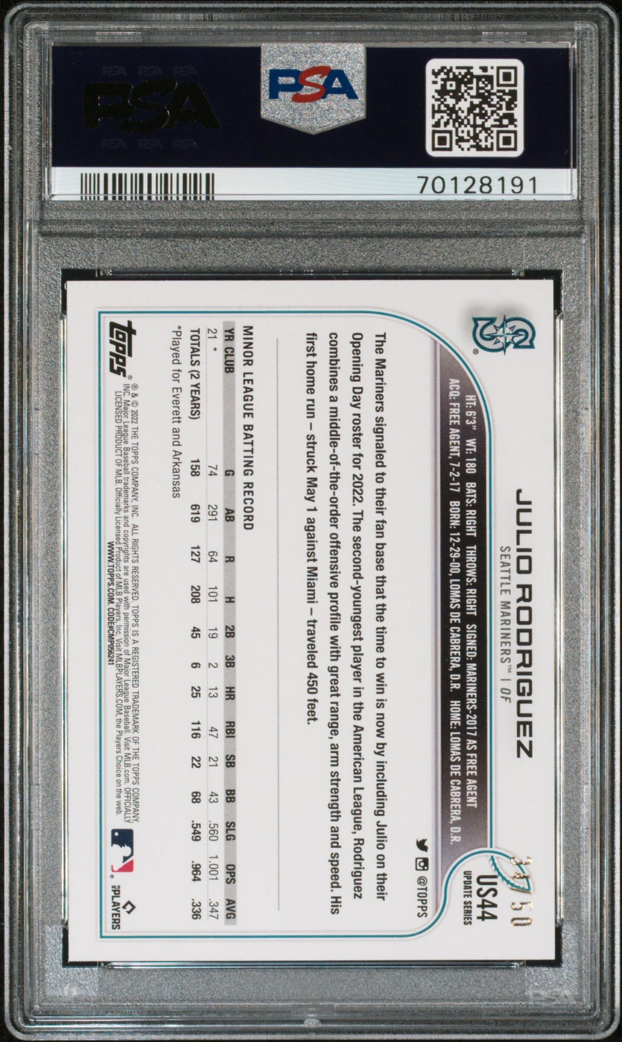 Julio Rodriguez 2022 Topps Update Mothers's Day Hot Pink /50 Rookie RC PSA 9