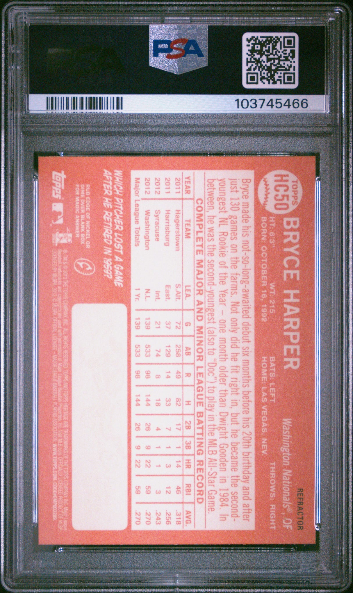 Bryce Harper 2013 Topps Heritage Chrome Purple Refractor PSA 9 Mint