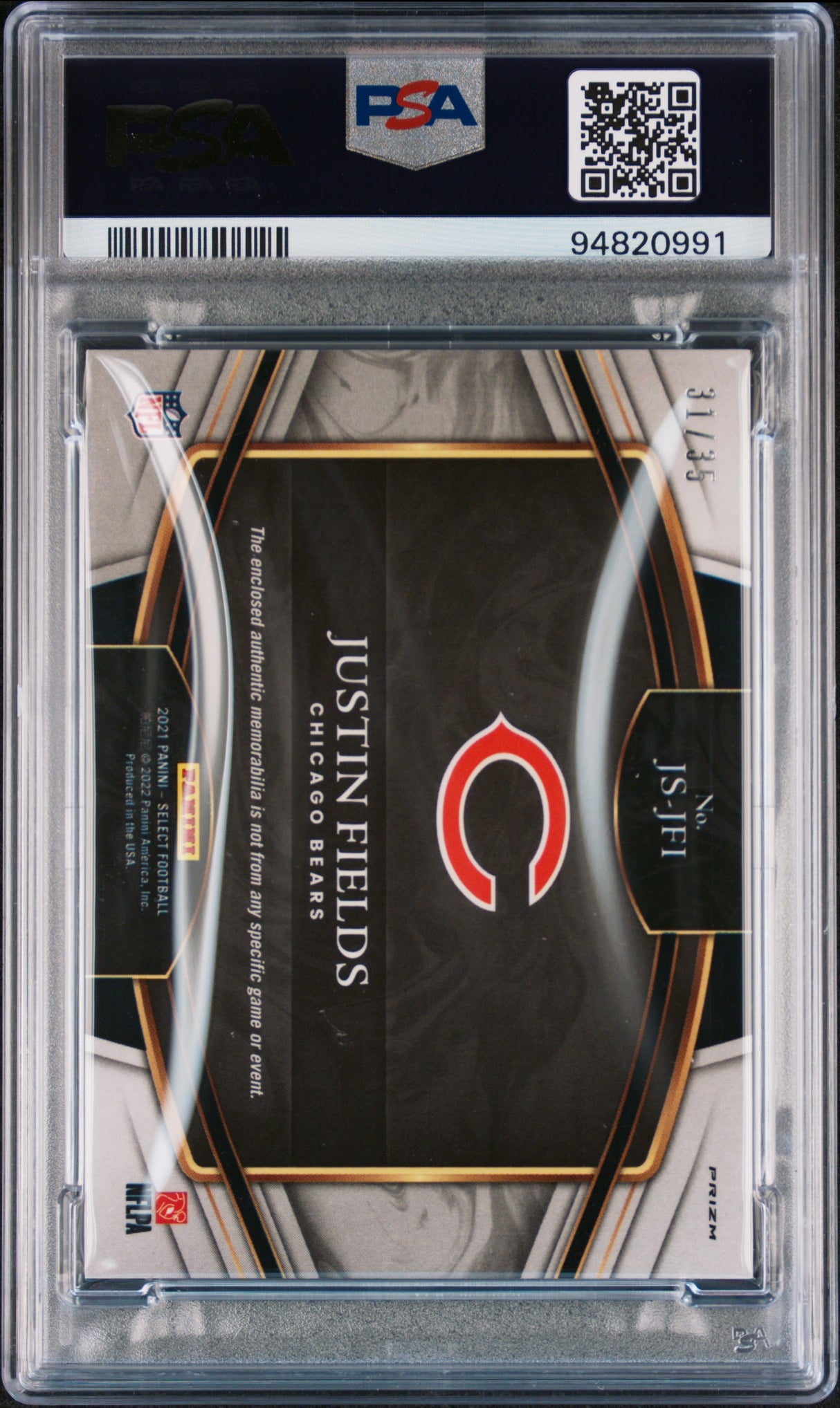 Justin Fields 2021 Panini Select Jumbo Rookie Swatch PSA 9 White Prizm /35 RC