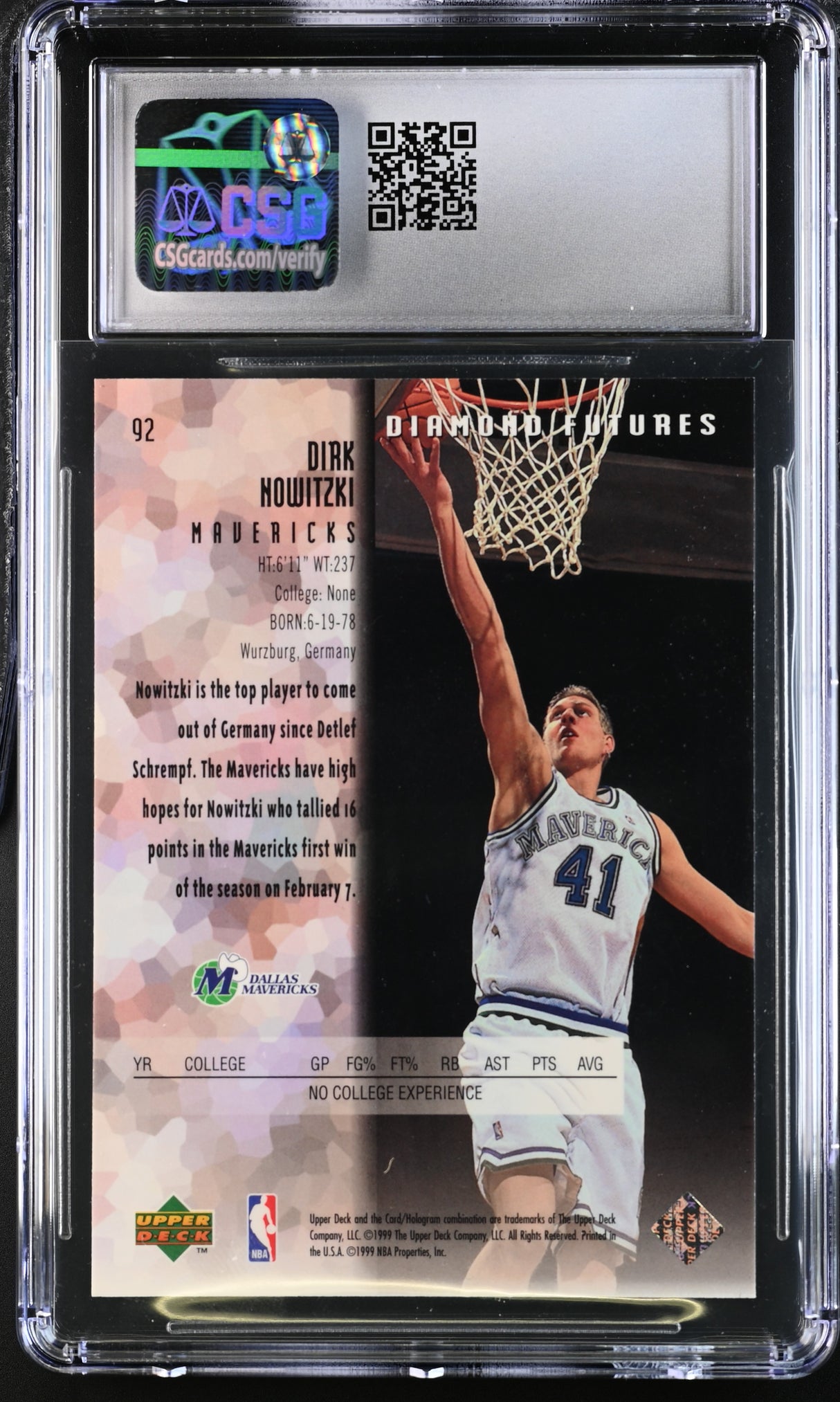 Dirk Nowitzki 1998-99 Upper Deck Black Diamond Futures Rookie RC CSG 9.5 CGC 10
