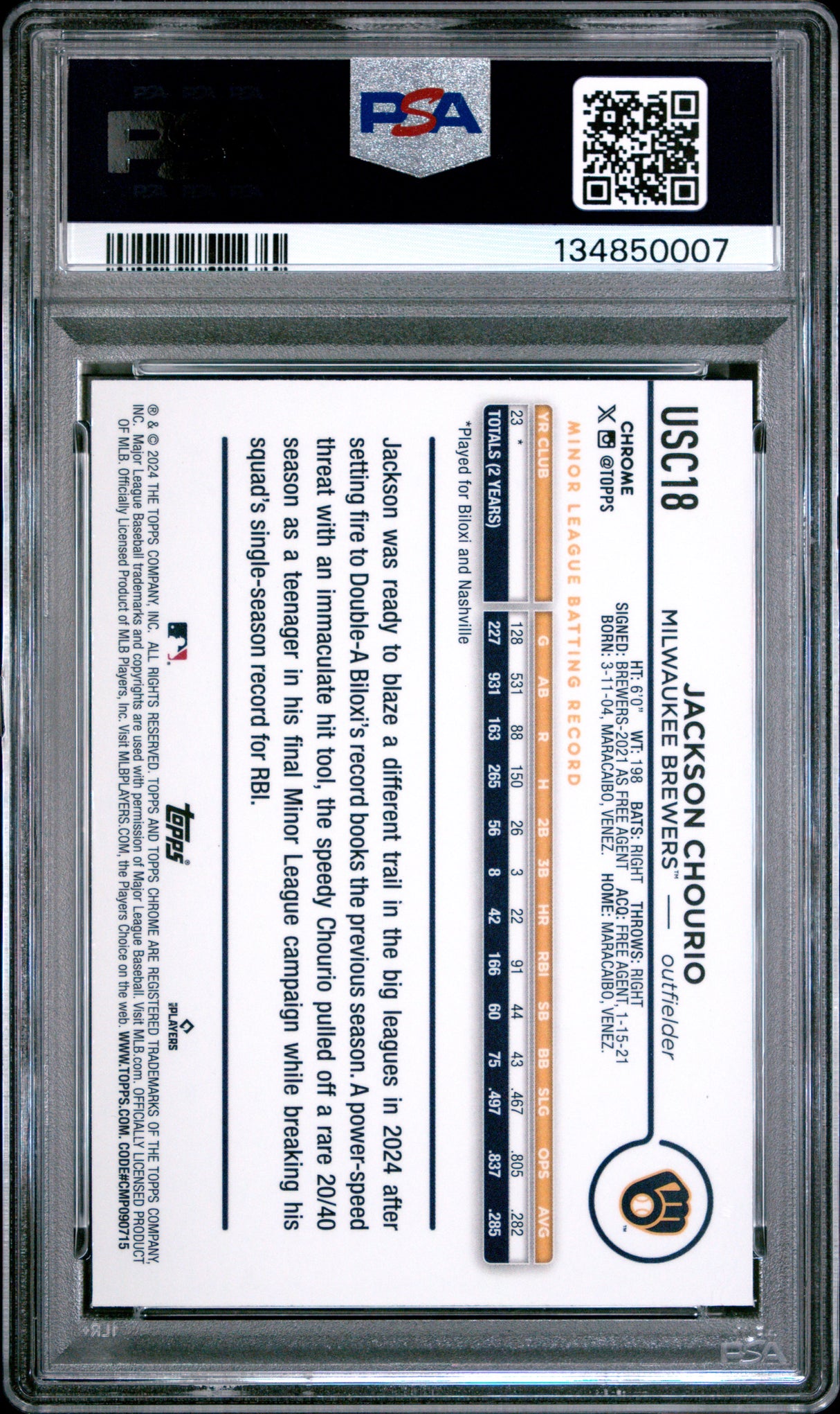 Jackson Chourio 2024 Topps Chrome X Fractor Rookie RC Update PSA 9 Mint Brewers