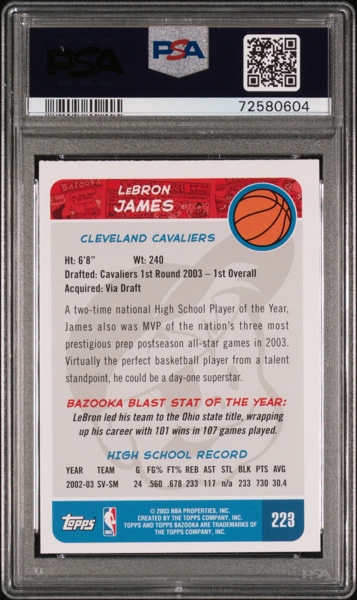 LeBron James 2003 Bazooka Rookie RC Road Red Jersey PSA 7