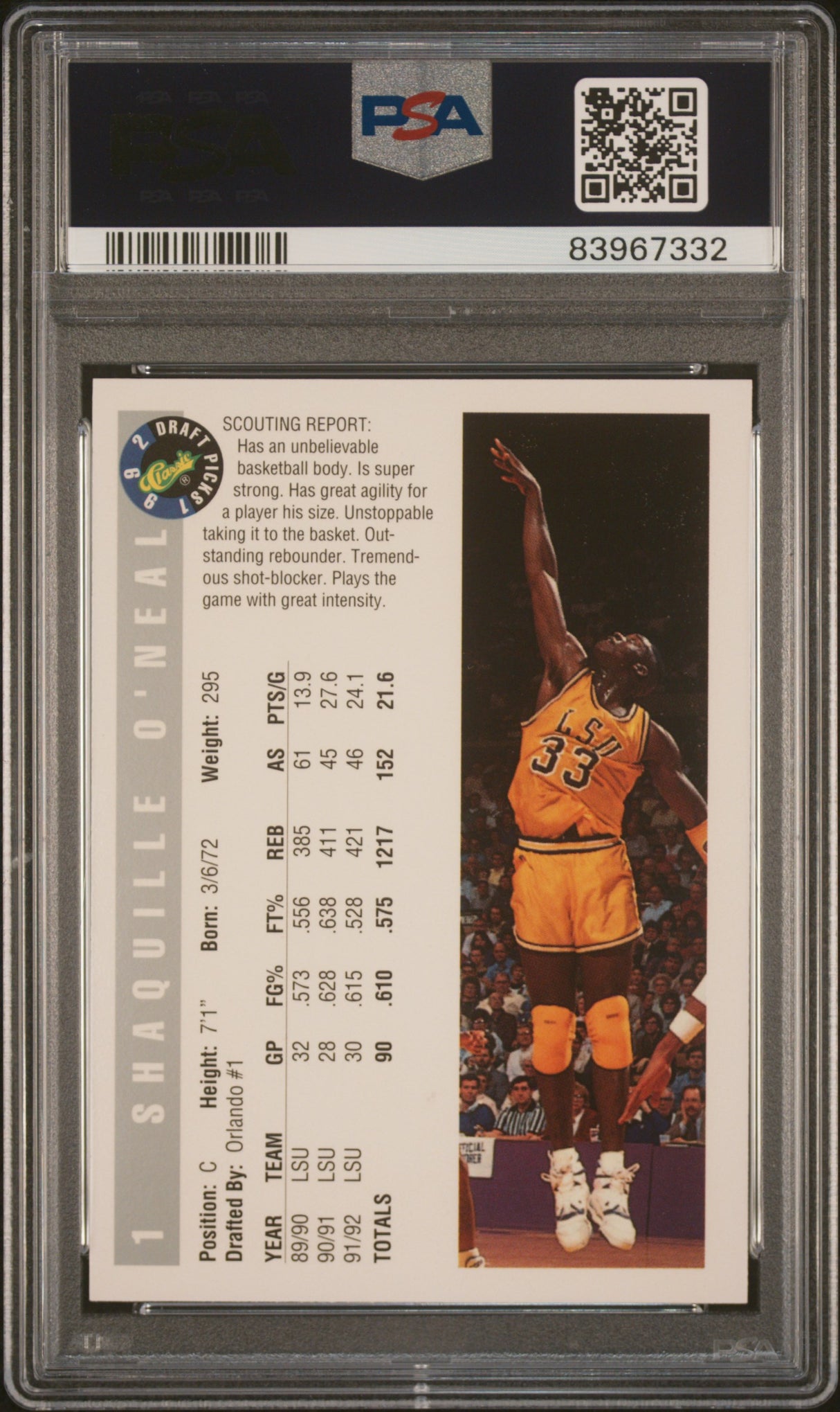 Shaquille O'Neal 1992 Classic Draft Picks Rookie RC PSA 8 Auto 10
