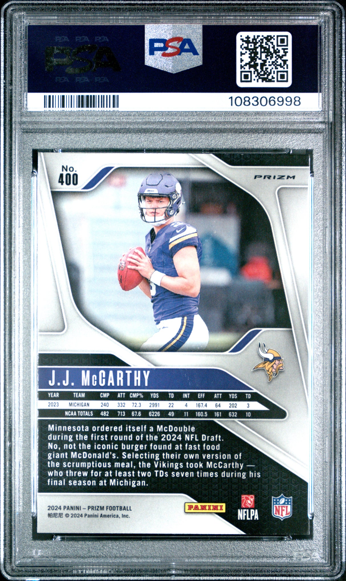 JJ Mccarthy 2024 Panini Prizm Silver Rookie RC PSA 9 Mint Vikings