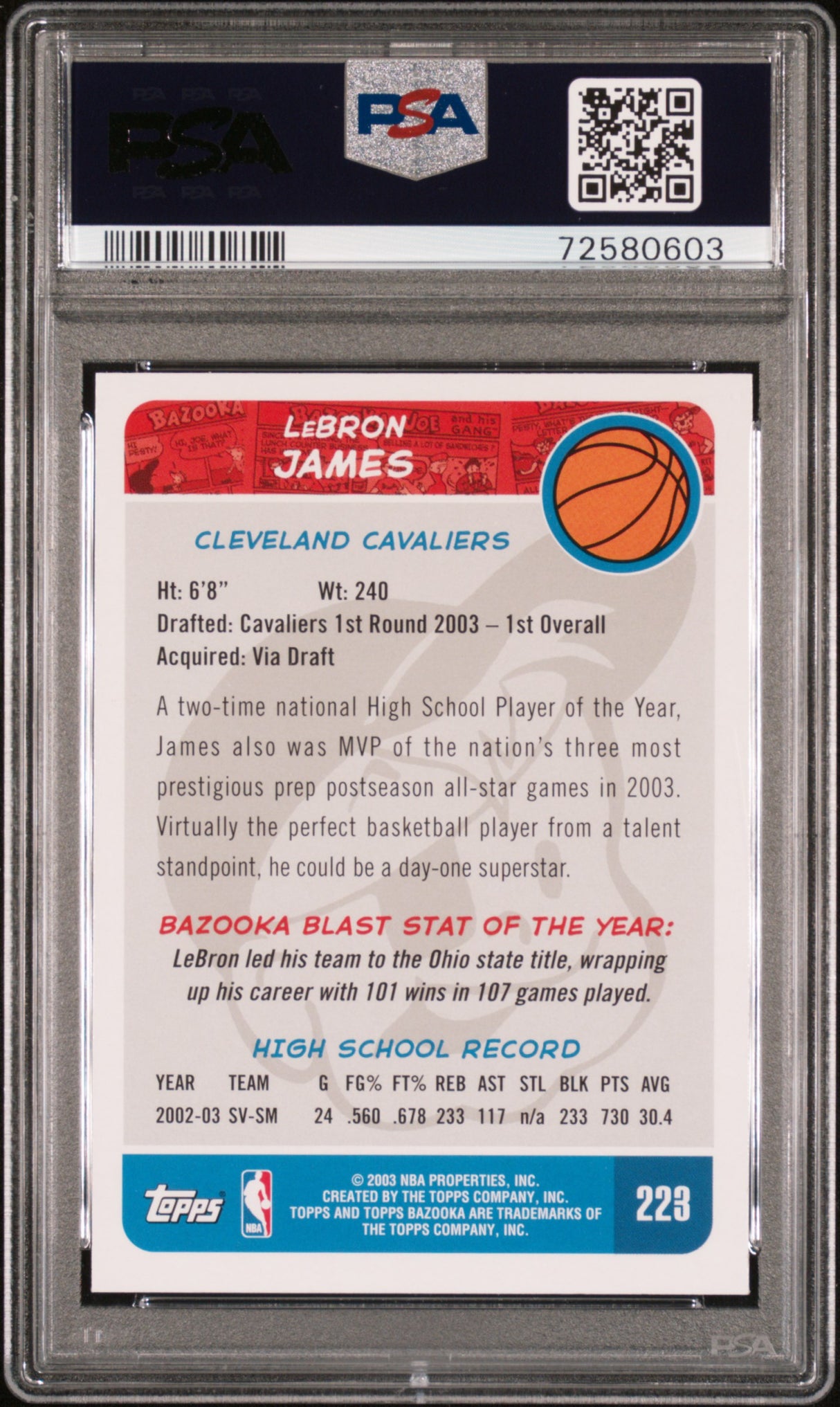 LeBron James 2003 Bazooka Rookie RC Home White Jersey PSA 9 Mint