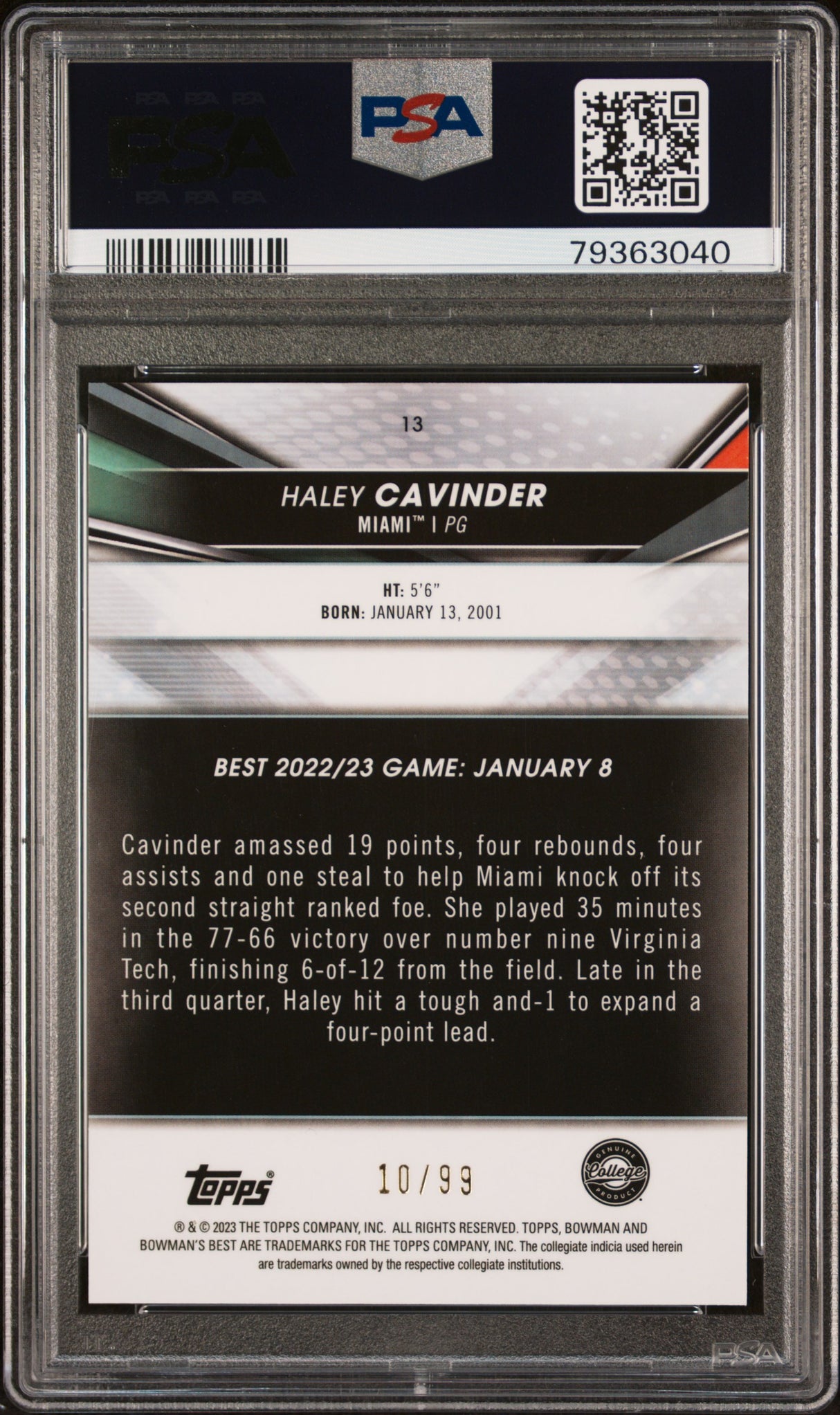 Haley Cavinder 2022 Bowman University Best Green Refractor /99 PSA 10