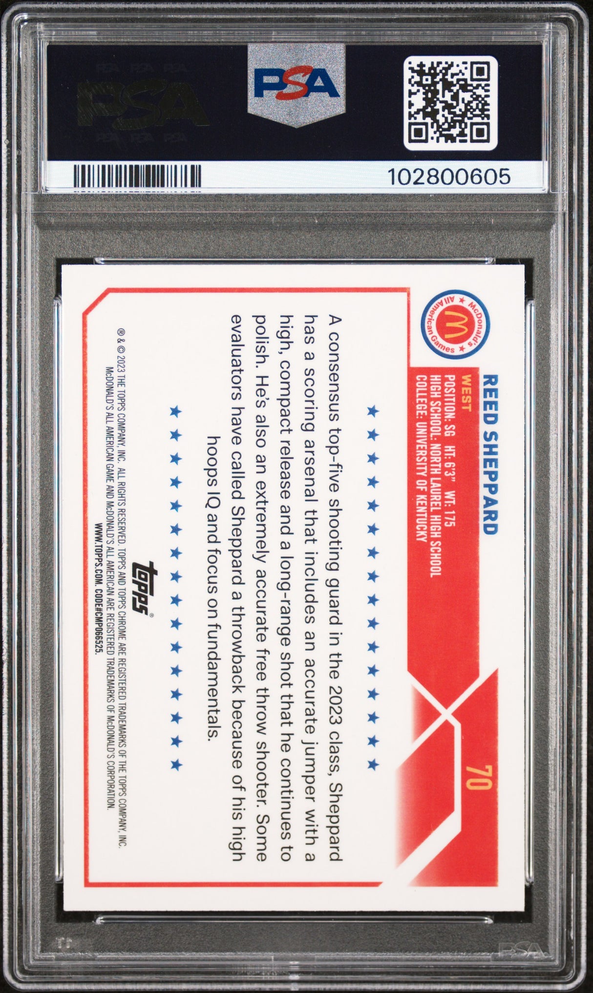 Reed Sheppard 2023 Topps Chrome Mcdonald's All-American PSA 9 Mint Rockets