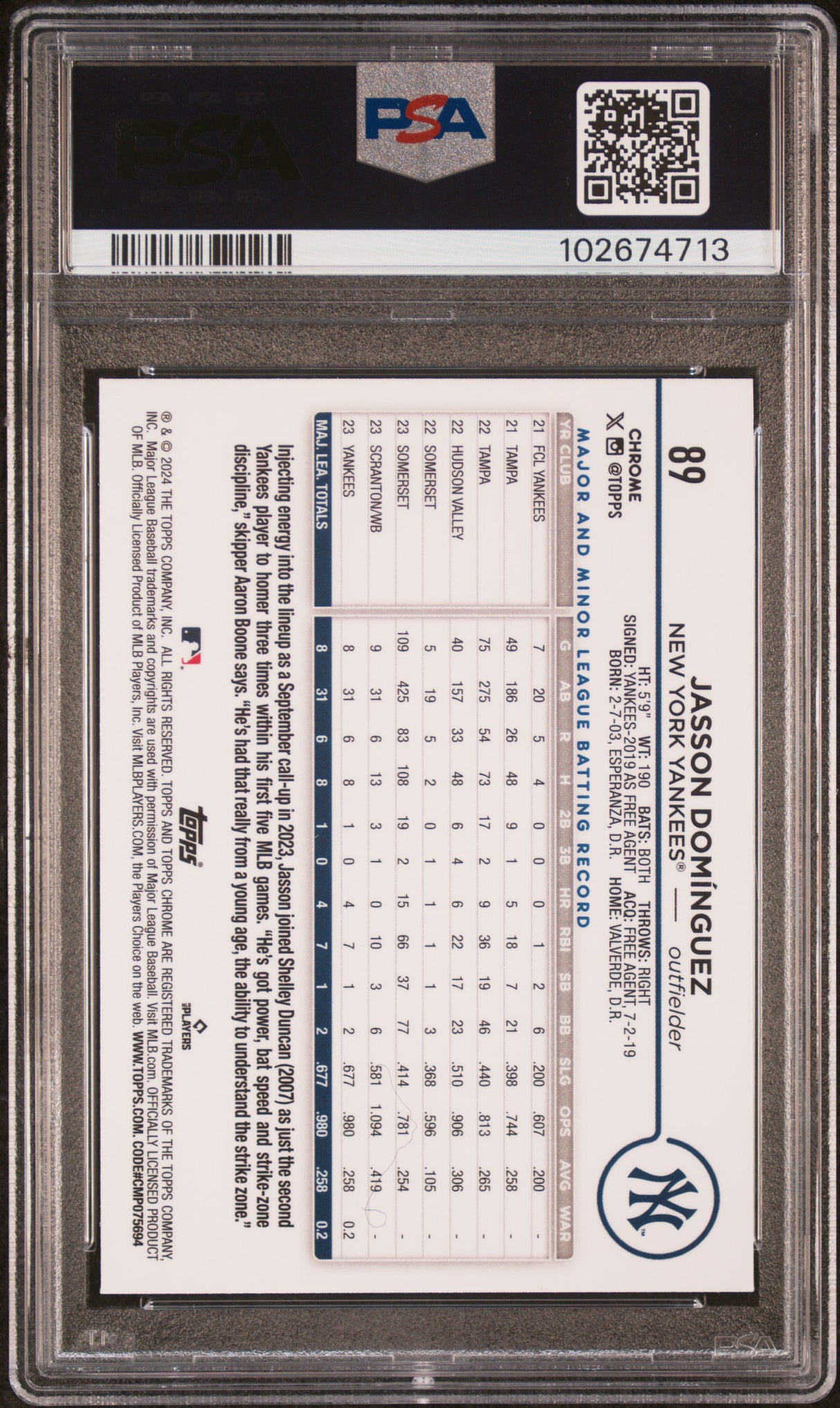 Jasson Dominguez 2024 Topps Chrome Green Wave Rookie RC /99 PSA 8 Yankees