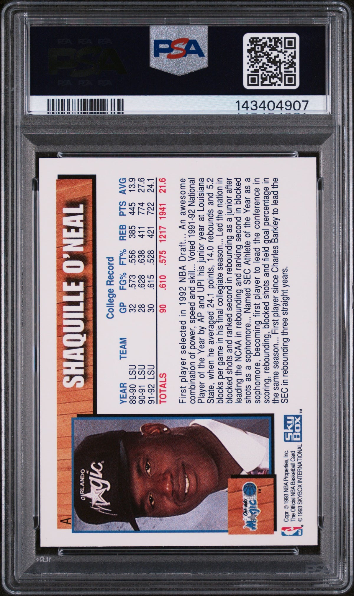 Shaquille O'Neal 1992-93 Hoops Draft Redemption Rookie RC PSA 10 Gem Mint