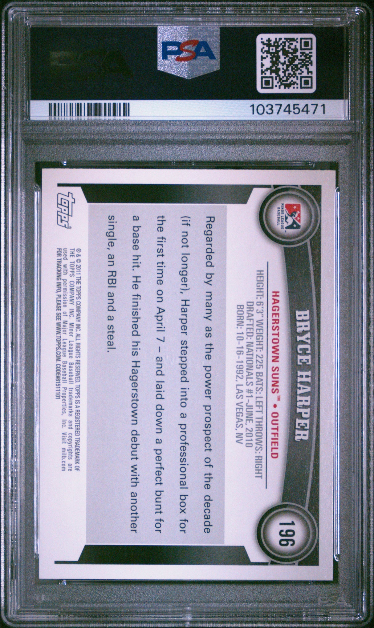 Bryce Harper 2011 Topps Pro Debut PSA 9 Mint Phillies Nationals