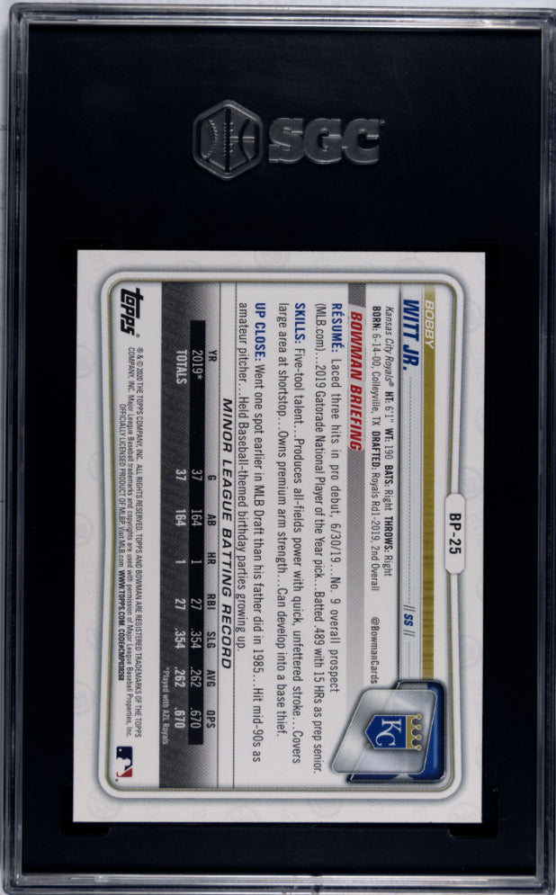 Bobby Witt JR. 2020 Bowman Prospects Paper 1st SGC 9.5 Mint Royals