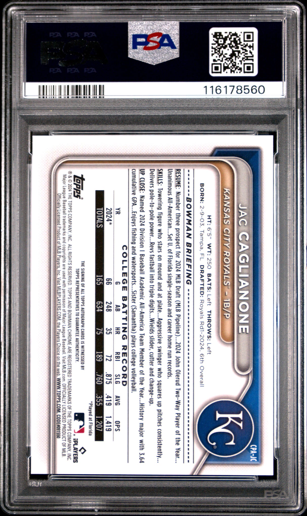 Jac Caglianone 2024 Bowman Draft Chrome 1st Prospect Auto PSA 10 Gem Mint Royals
