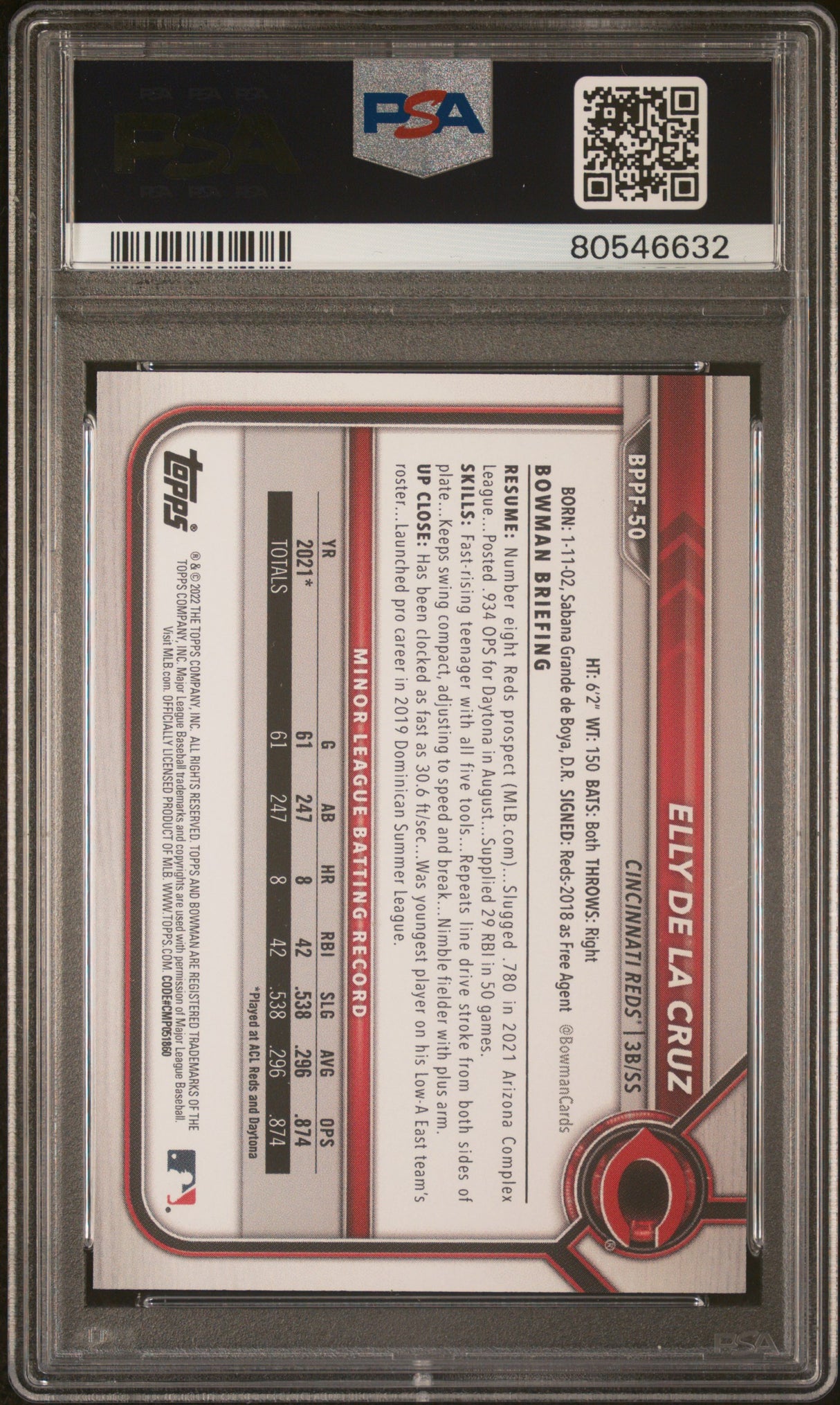 Elly De La Cruz 2022 Bowman 1st Edition PSA 10 Gem Mint Reds