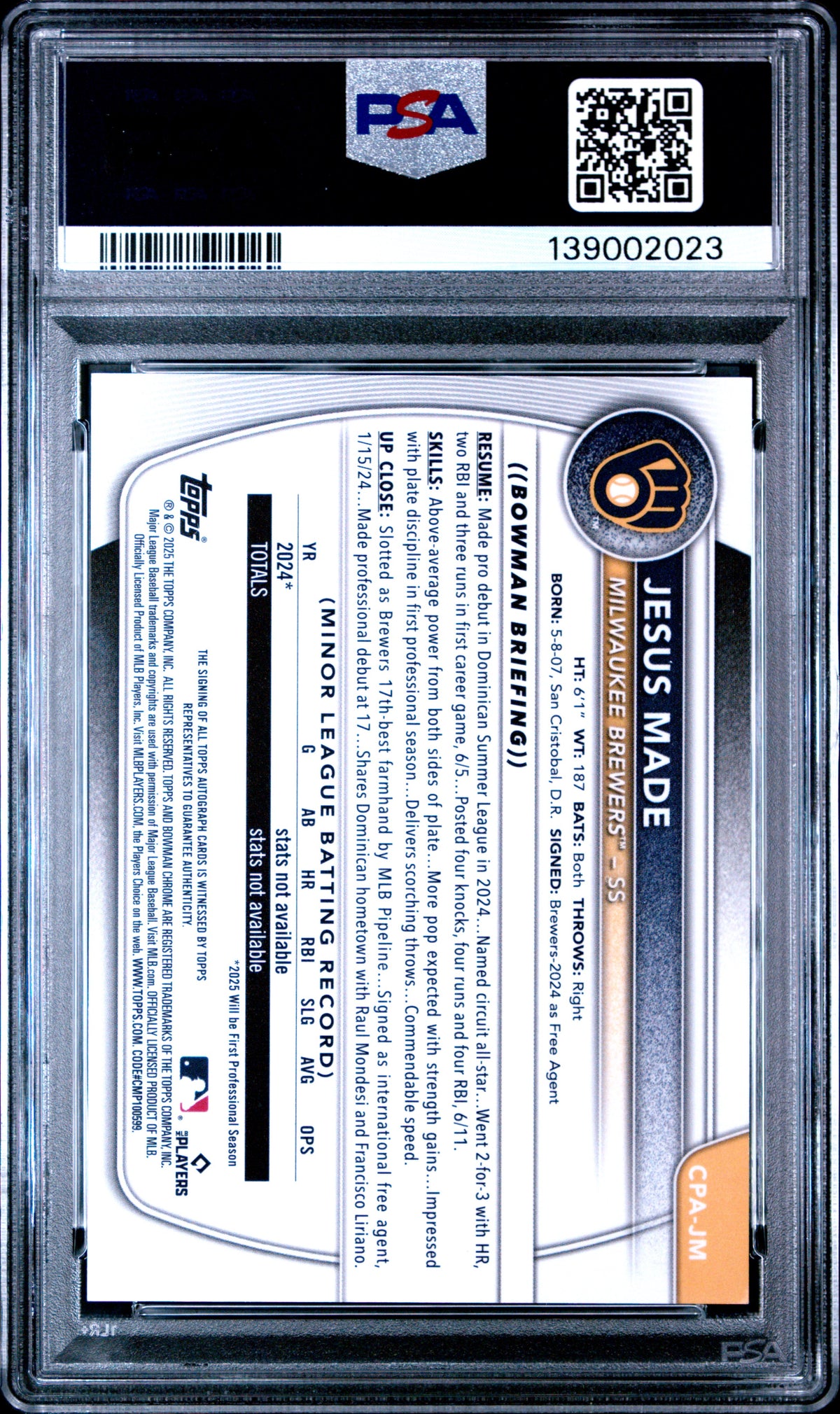 Jesus Made 2025 Bowman Chrome 1st Prospect Auto PSA 10 Gem Mint