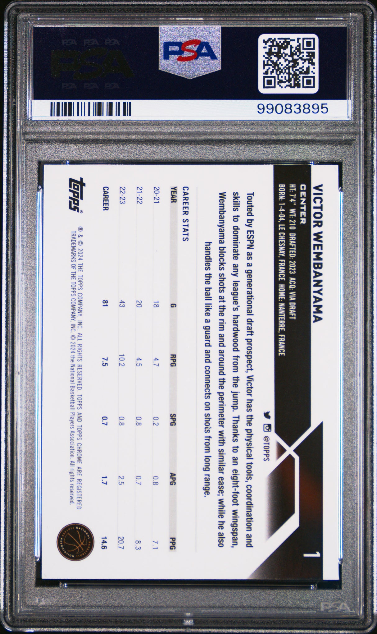 Victor Wembanyama 2023 Topps Chrome Rookie RC PSA 9 Mint Spurs