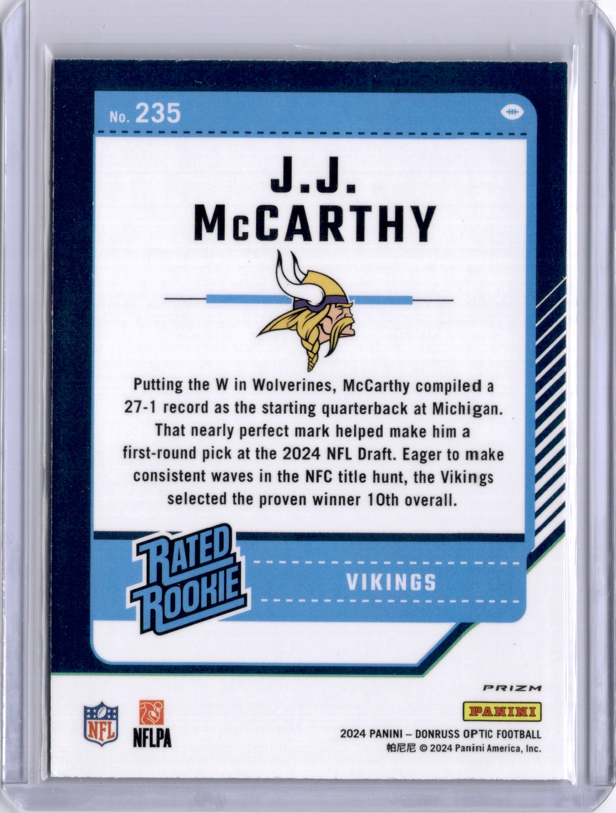 JJ McCarthy 2024 Panini Donruss Optic Blue Hyper Rated Rookie RC Vikings
