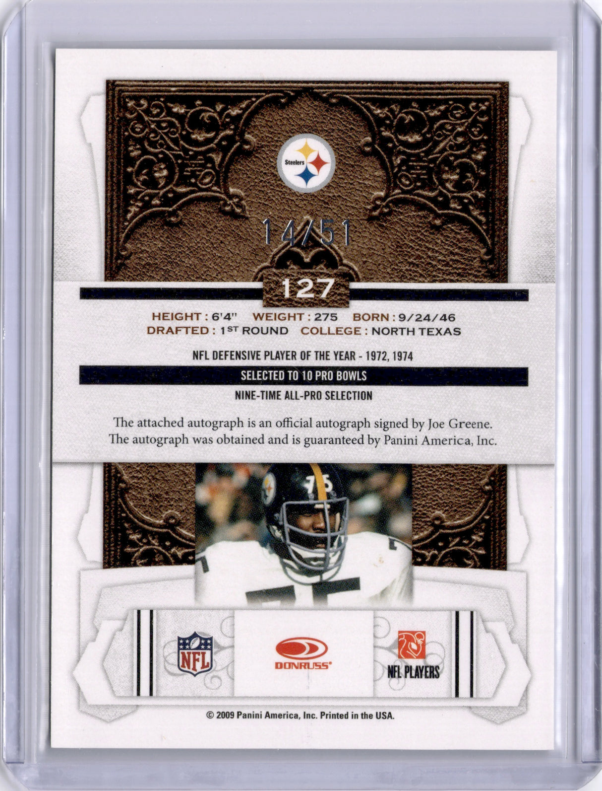 Joe Greene 2009 Donruss Classics Significant Signatures Auto /61 Steelers HOF