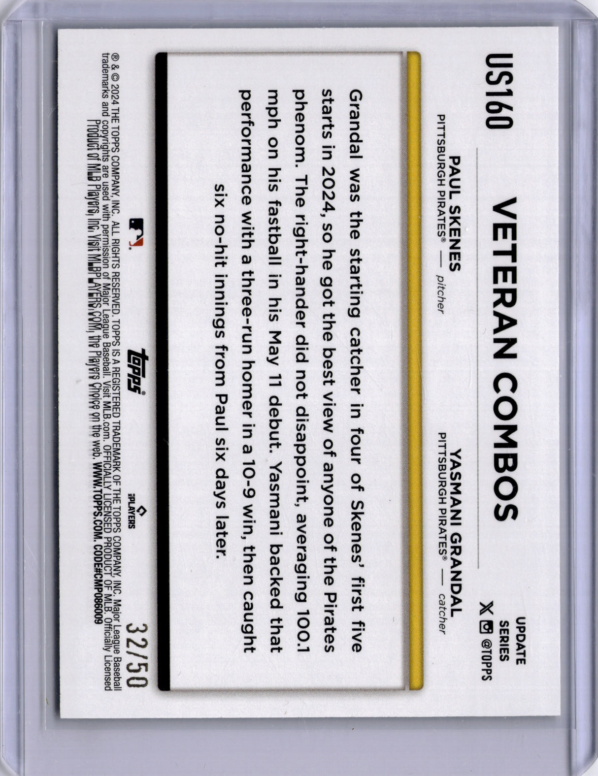 Paul Skenes 2024 Topps Update Duo An Immediate Hit /50 Yellow Crackle Foilboard