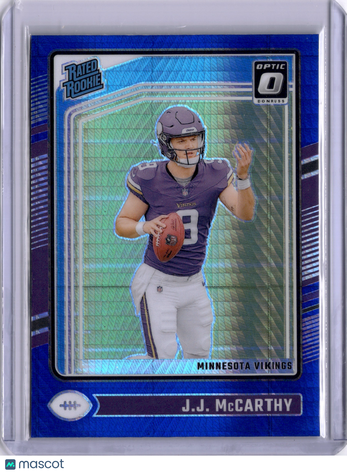 JJ McCarthy 2024 Panini Donruss Optic Blue Hyper Rated Rookie RC Vikings