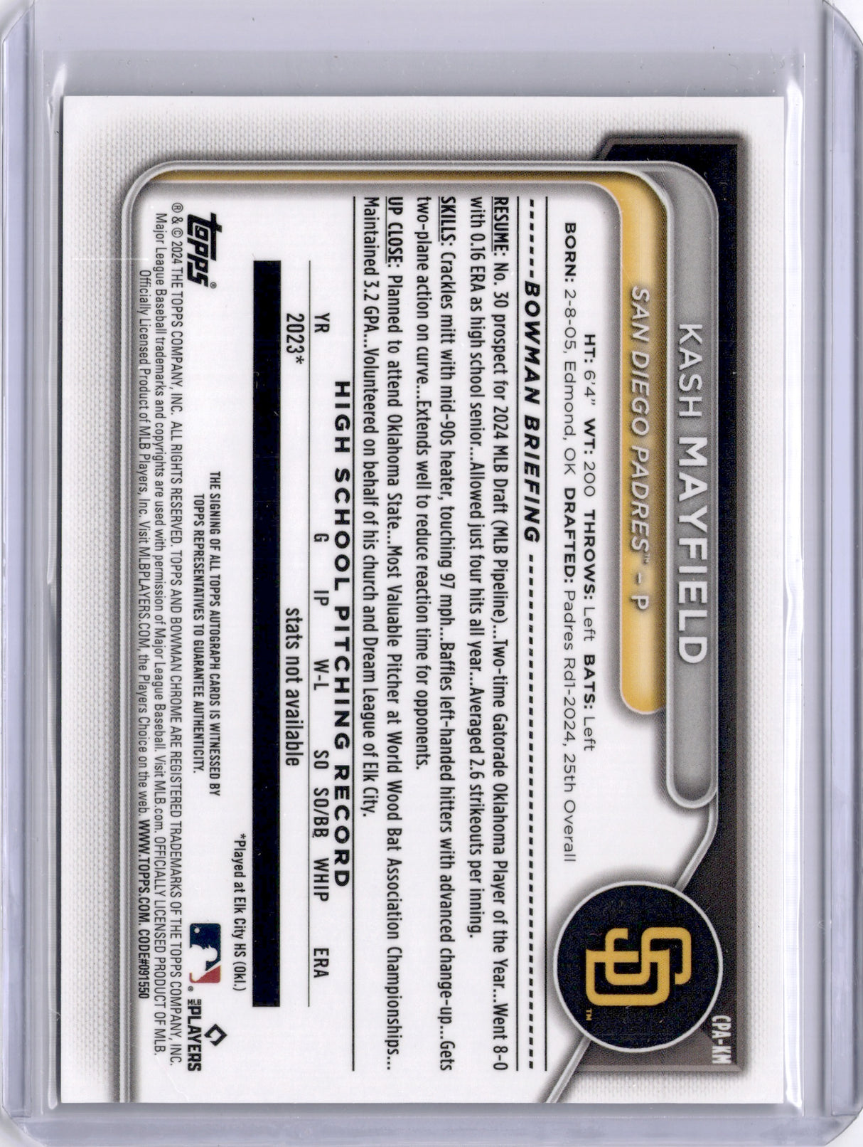 Kash Mayfield 2024 Bowman Chrome 1st Auto On Card Autograph Padres