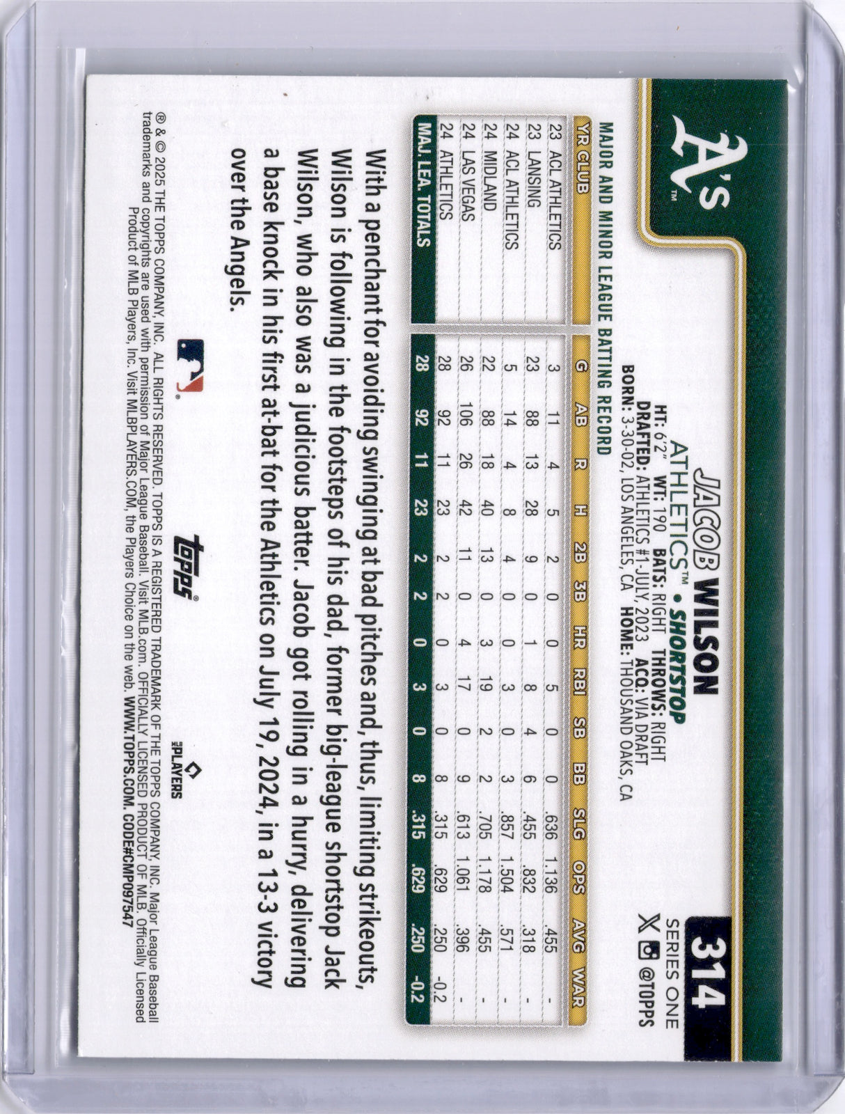 Jacob Wilson 2025 Topps Rainbow Foil Rookie RC A's