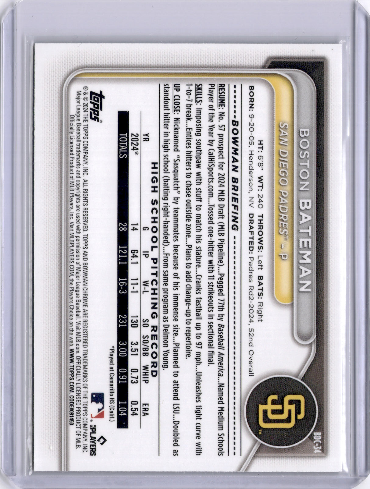 Boston Bateman 2024 Bowman Chrome Yellow Lunar Glow /75 Padres