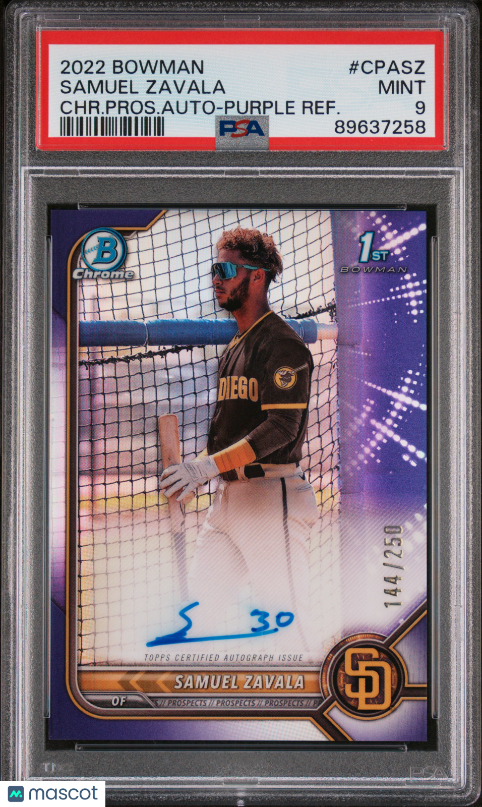Samuel Zavala 2022 Bowman Chrome Prospect Auto Purple Refractor /250 PSA 9 Mint
