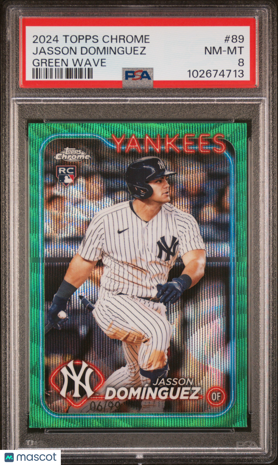 Jasson Dominguez 2024 Topps Chrome Green Wave Rookie RC /99 PSA 8 Yankees