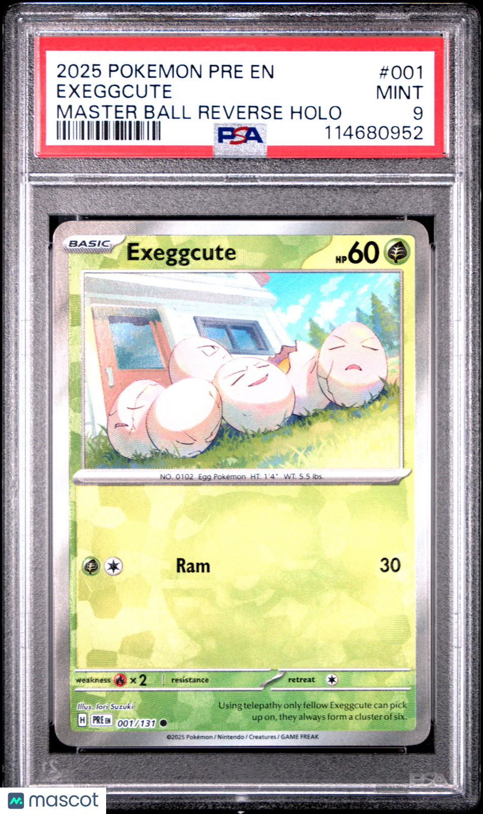Exeggcute 2025 Pokemon Prismatic Evolutions 001 Master Ball Reverse Holo PSA 9