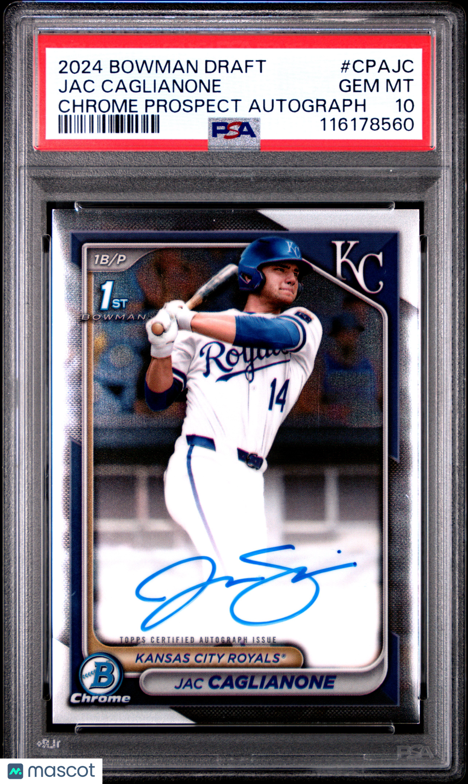 Jac Caglianone 2024 Bowman Draft Chrome 1st Prospect Auto PSA 10 Gem Mint Royals