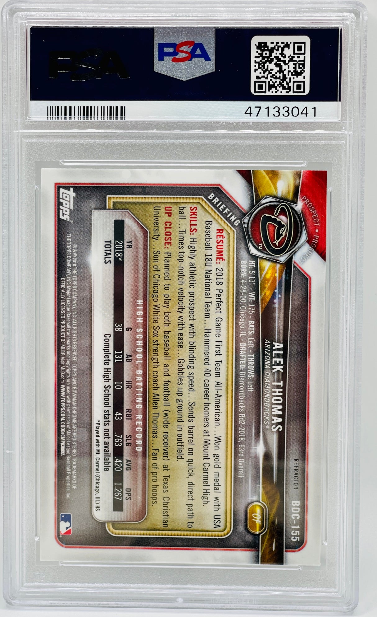 Alek Thomas 2018 Bowman Draft #bdc155 Refractor Psa 10